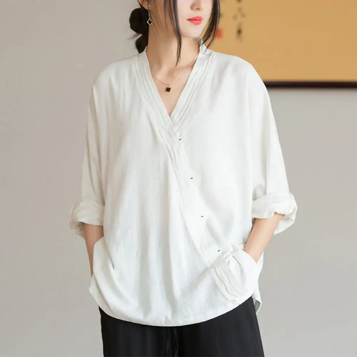 BWOOOH V-Neck Blouse Women Shirt Long Sleeve Top Chinese 
