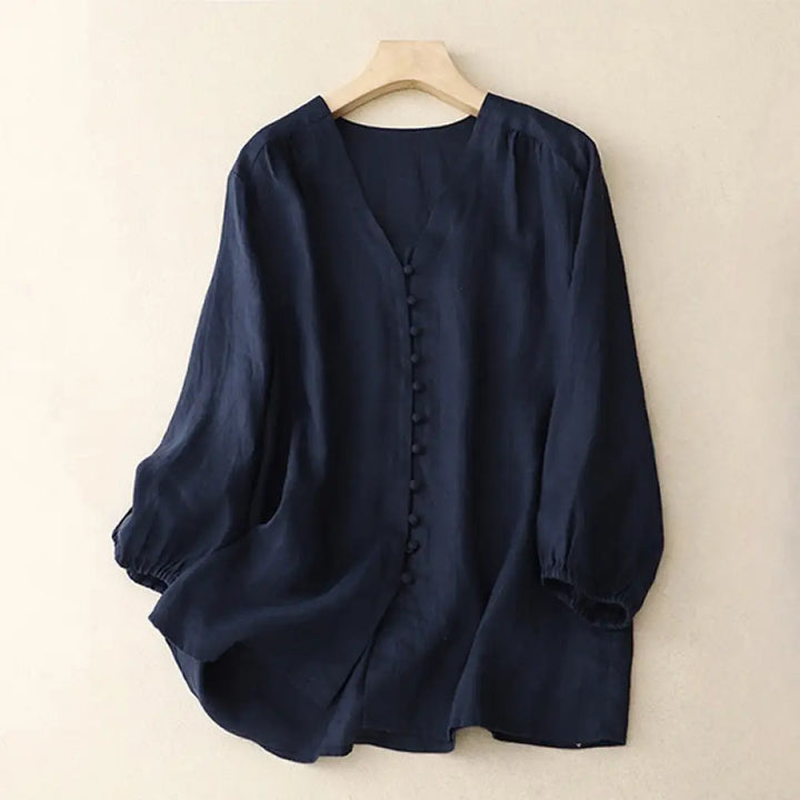 Buddha Stones V-Neck Design Women’s Cotton Linen Long Sleeve Shirt - MidnightBlue / US4，UK/AU8，EU36 (L) - Women’s Shirts