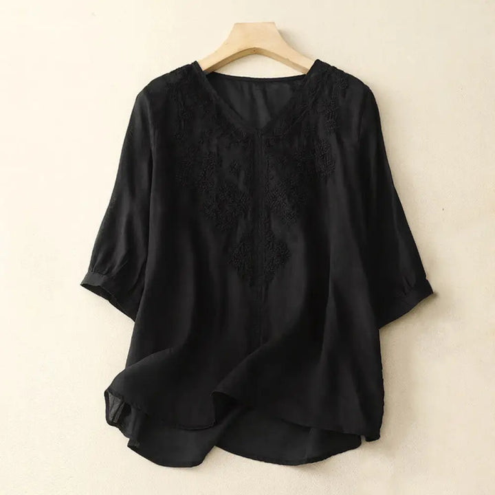 Buddha Stones V-Neck Lines Embroidery Women’s Half Sleeve Shirt - Black / US4，UK/AU8，EU36 (M) - Women’s Shirts