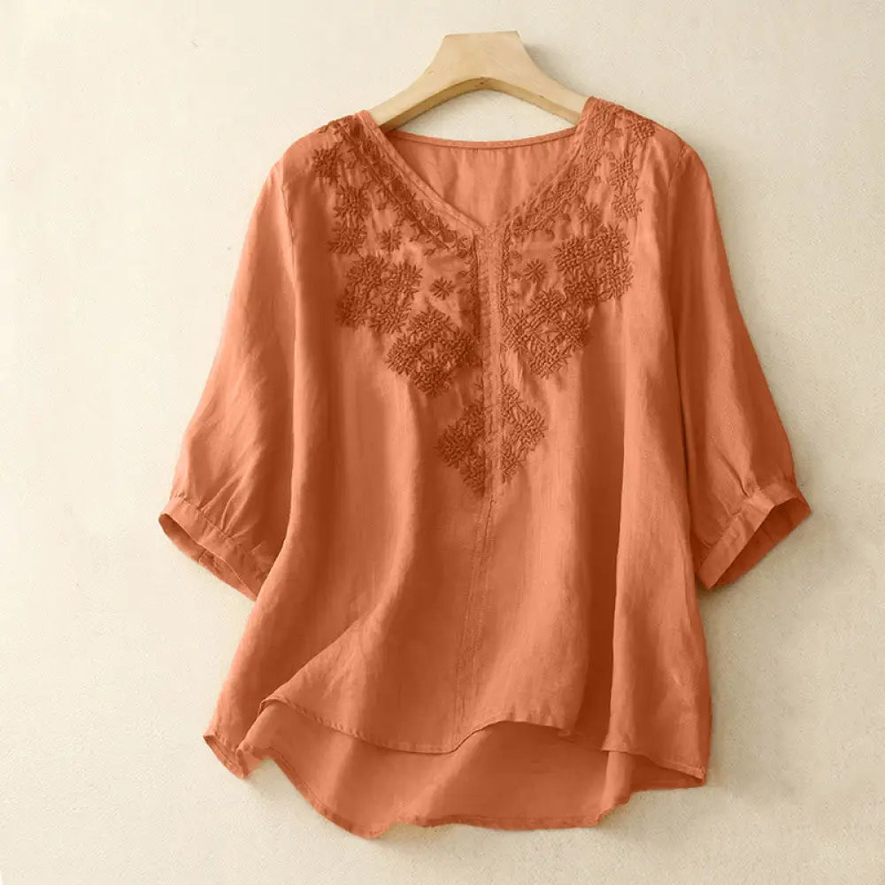 Buddha Stones V-Neck Lines Embroidery Women’s Half Sleeve Shirt - SandyBrown / US4，UK/AU8，EU36 (M) - Women’s Shirts