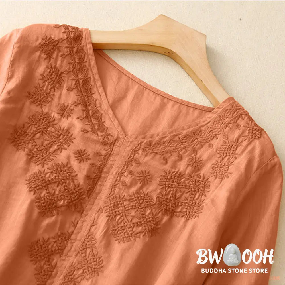 Buddha Stones V-Neck Lines Embroidery Women’s Half Sleeve Shirt - Women’s Shirts