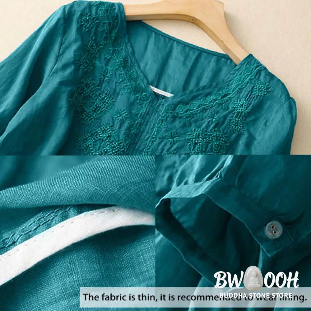 Buddha Stones V-Neck Lines Embroidery Women’s Half Sleeve Shirt - Women’s Shirts