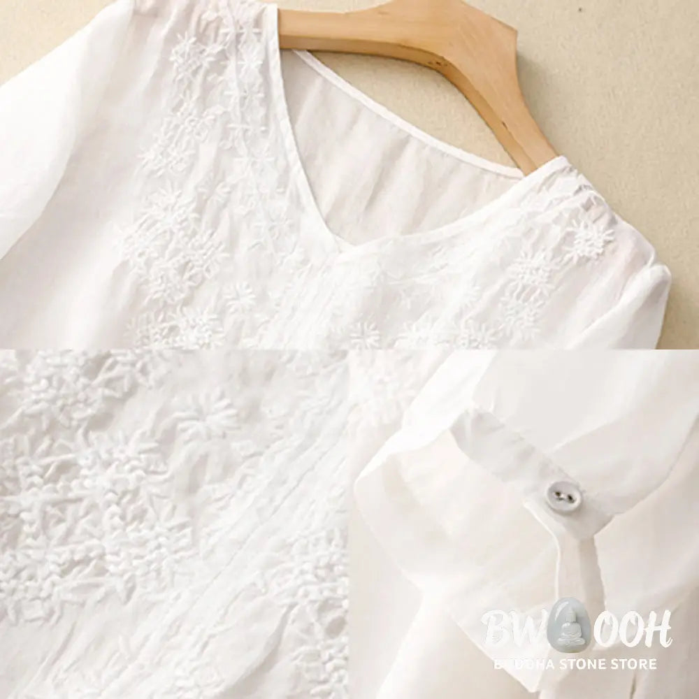 Buddha Stones V-Neck Lines Embroidery Women’s Half Sleeve Shirt - Women’s Shirts