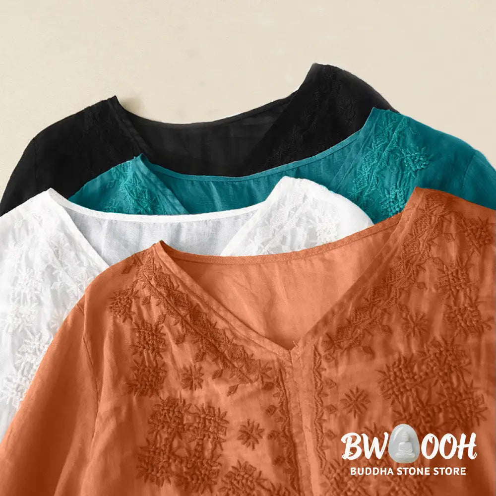 Buddha Stones V-Neck Lines Embroidery Women’s Half Sleeve Shirt - Women’s Shirts