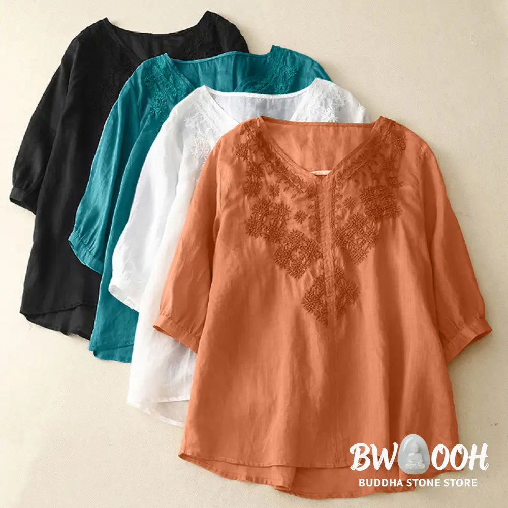 Buddha Stones V-Neck Lines Embroidery Women’s Half Sleeve Shirt - Women’s Shirts