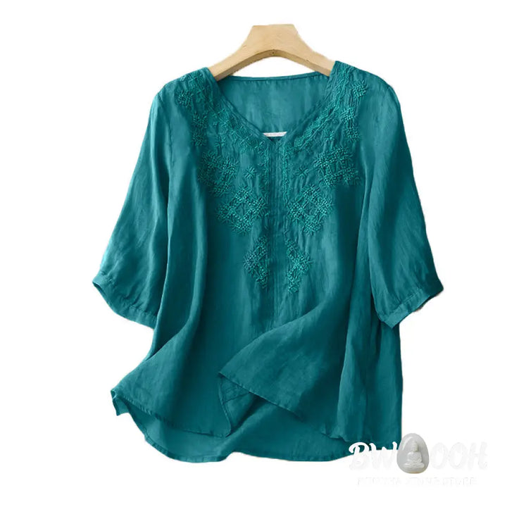 Buddha Stones V-Neck Lines Embroidery Women’s Half Sleeve Shirt - Women’s Shirts