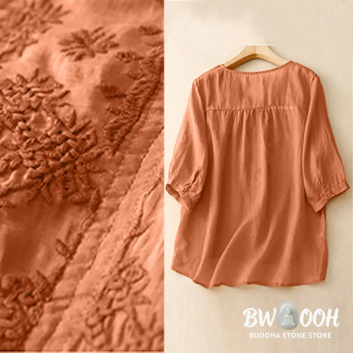 Buddha Stones V-Neck Lines Embroidery Women’s Half Sleeve Shirt - Women’s Shirts
