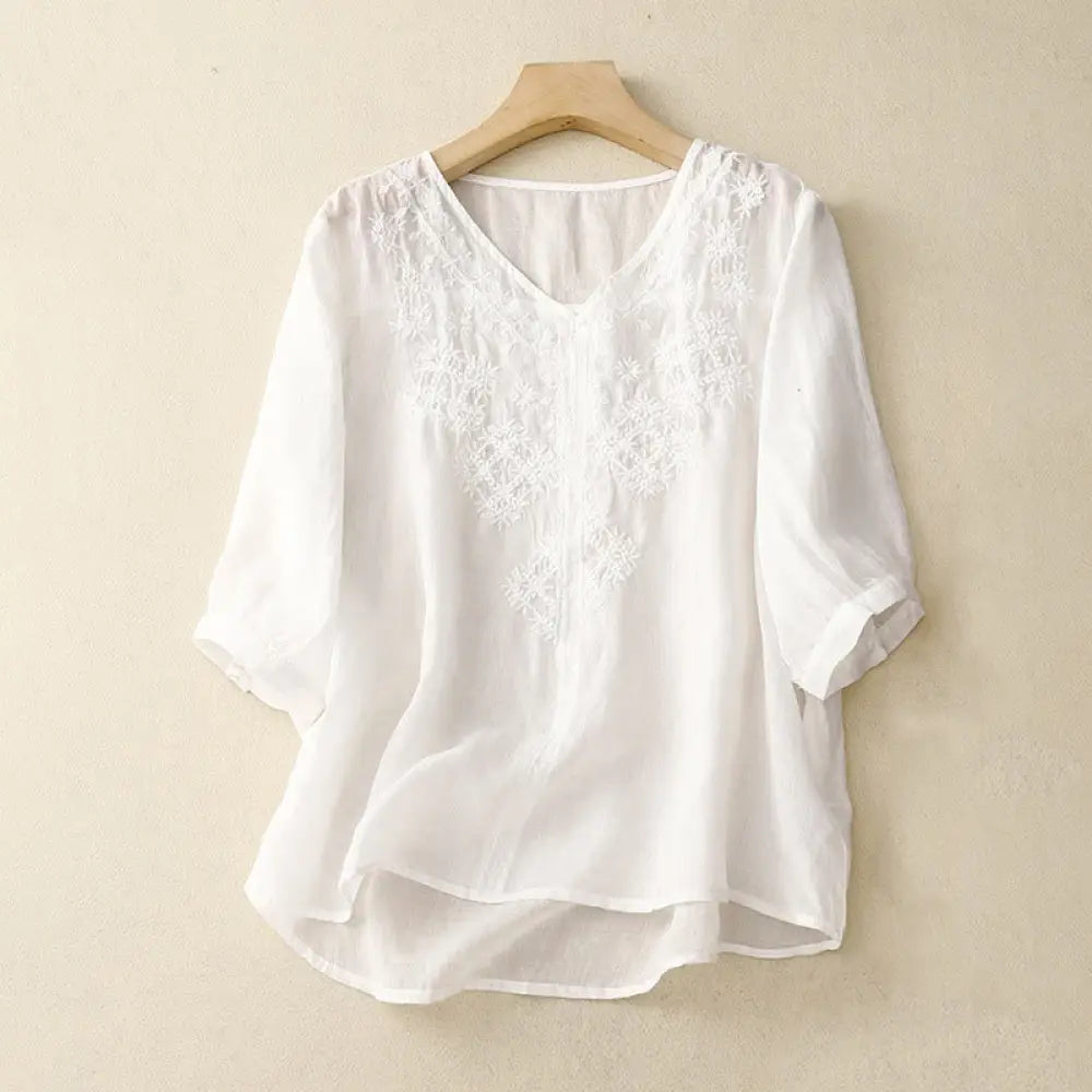 Buddha Stones V-Neck Lines Embroidery Women’s Half Sleeve Shirt - White / US4，UK/AU8，EU36 (M) - Women’s Shirts