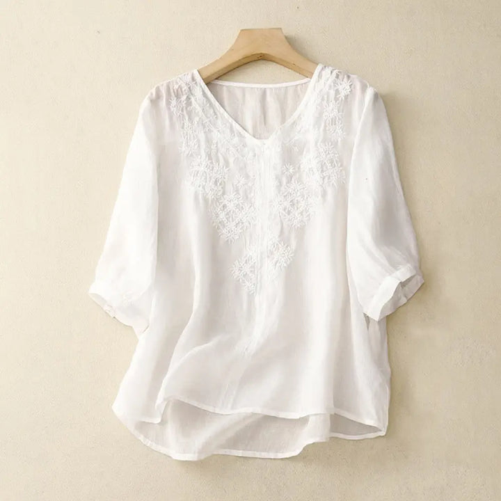Buddha Stones V-Neck Lines Embroidery Women’s Half Sleeve Shirt - White / US4，UK/AU8，EU36 (M) - Women’s Shirts