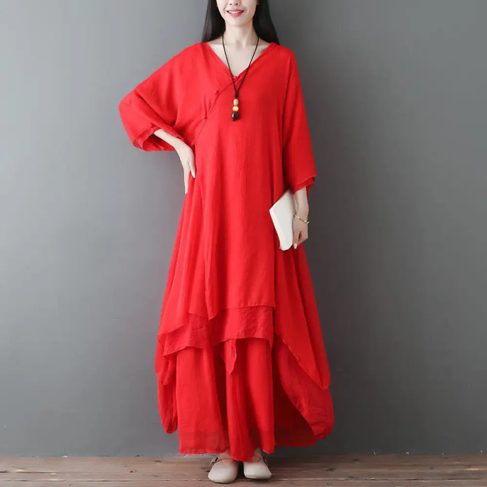 Buddha Stones V-Neck Midi Tunic Dress Wide Leg Pants Meditation Zen Practice Dance Clothing - 2Pcs Red(Dress&amp;Pants)
