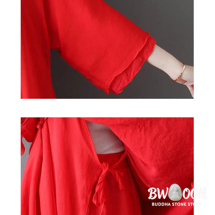 Buddha Stones V-Neck Midi Tunic Dress Wide Leg Pants Meditation Zen Practice Dance Clothing - Women’s Meditation Cloth