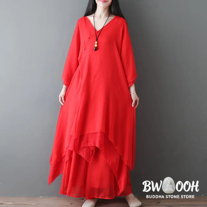 Buddha Stones V-Neck Midi Tunic Dress Wide Leg Pants Meditation Zen Practice Dance Clothing - Women’s Meditation Cloth