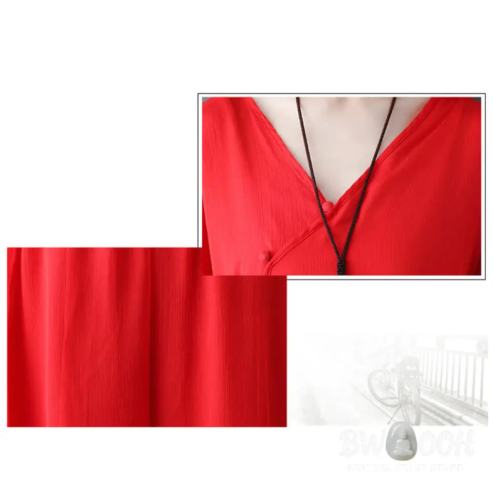 Buddha Stones V-Neck Midi Tunic Dress Wide Leg Pants Meditation Zen Practice Dance Clothing - Women’s Meditation Cloth