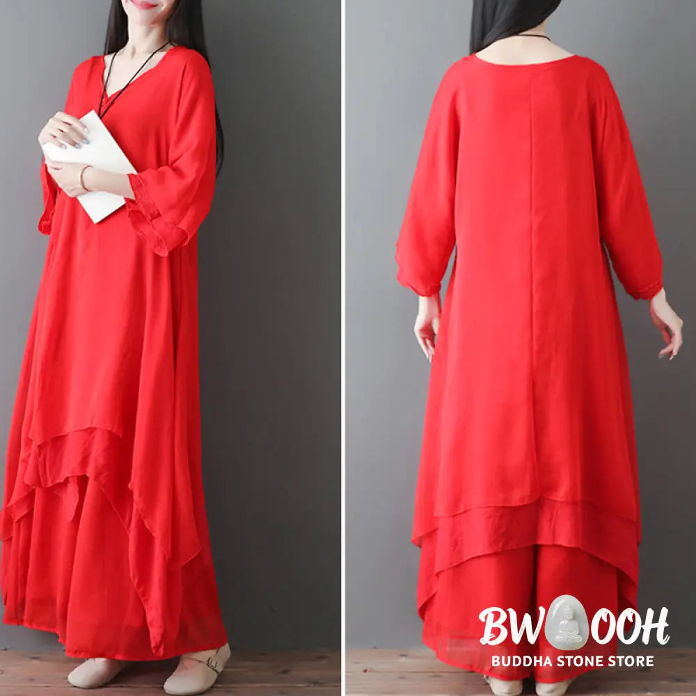 Buddha Stones V-Neck Midi Tunic Dress Wide Leg Pants Meditation Zen Practice Dance Clothing - Women’s Meditation Cloth