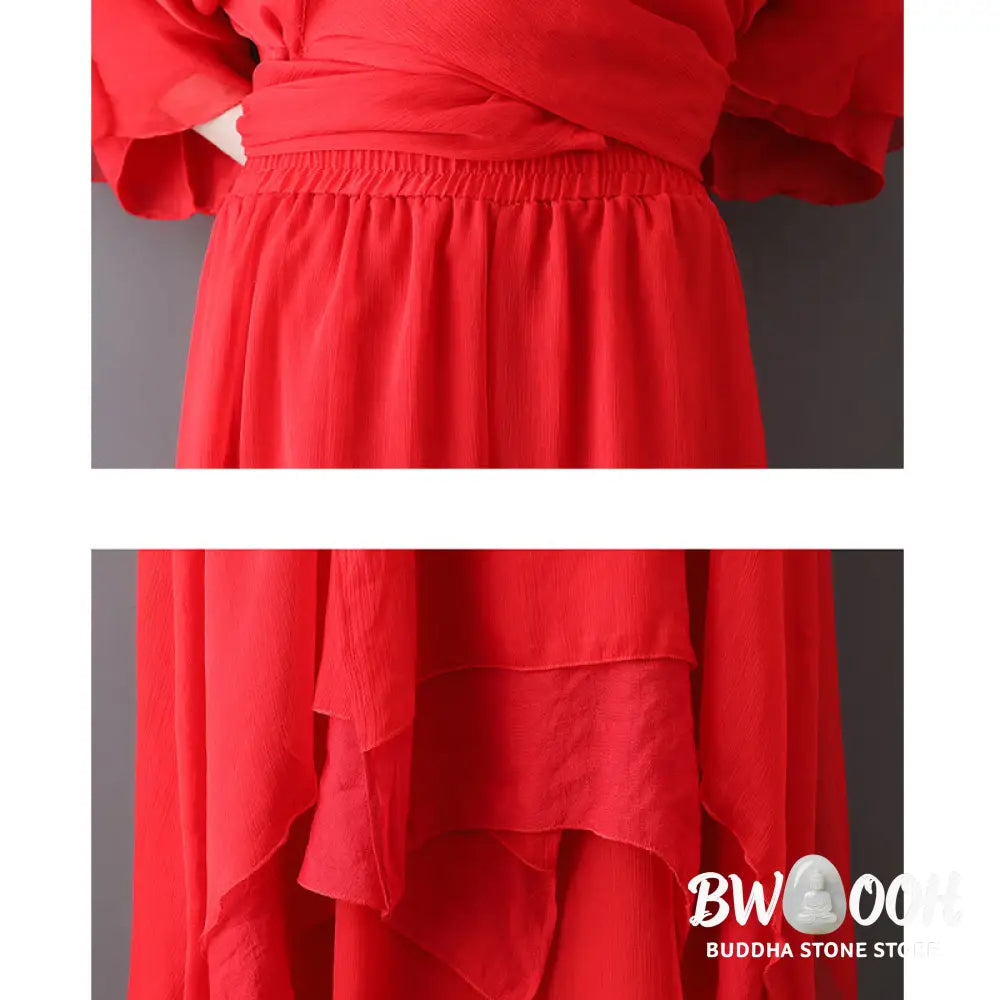 Buddha Stones V-Neck Midi Tunic Dress Wide Leg Pants Meditation Zen Practice Dance Clothing - Women’s Meditation Cloth