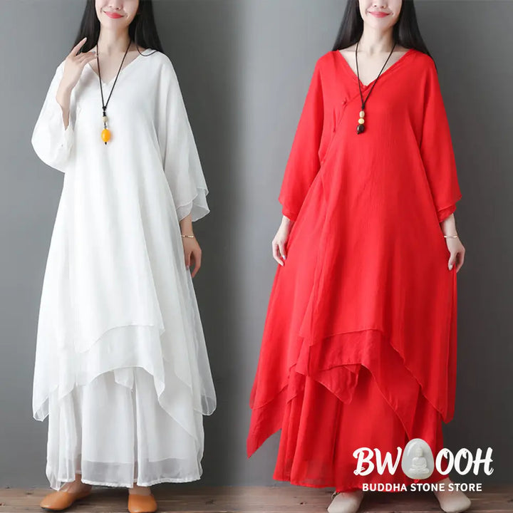 Buddha Stones V-Neck Midi Tunic Dress Wide Leg Pants Meditation Zen Practice Dance Clothing - Women’s Meditation Cloth