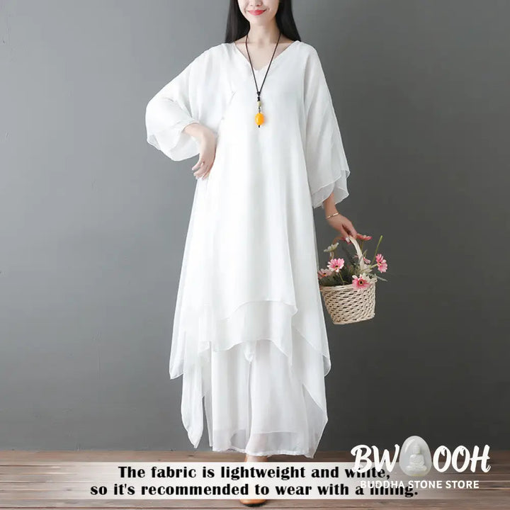 Buddha Stones V-Neck Midi Tunic Dress Wide Leg Pants Meditation Zen Practice Dance Clothing - Women’s Meditation Cloth
