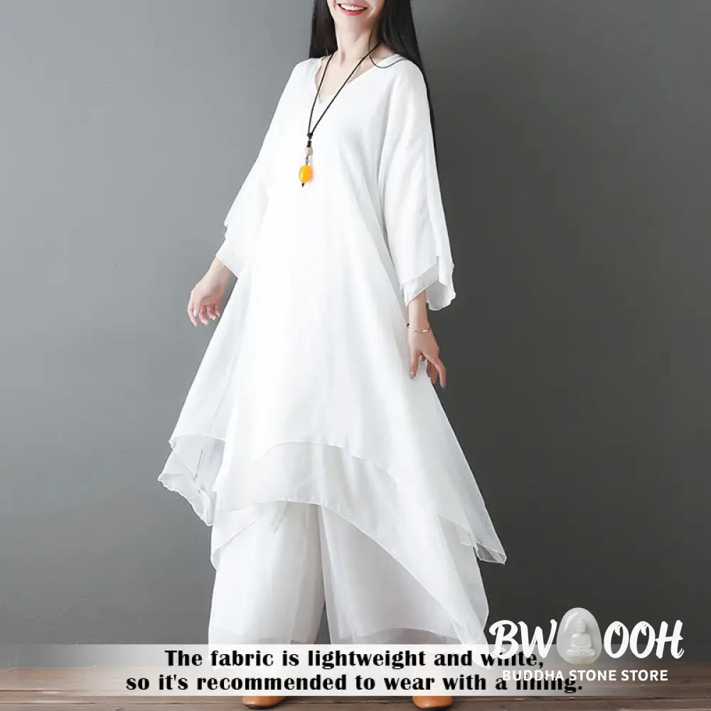 Buddha Stones V-Neck Midi Tunic Dress Wide Leg Pants Meditation Zen Practice Dance Clothing - Women’s Meditation Cloth