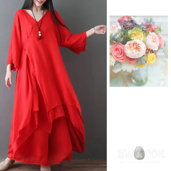 Buddha Stones V-Neck Midi Tunic Dress Wide Leg Pants Meditation Zen Practice Dance Clothing - Women’s Meditation Cloth