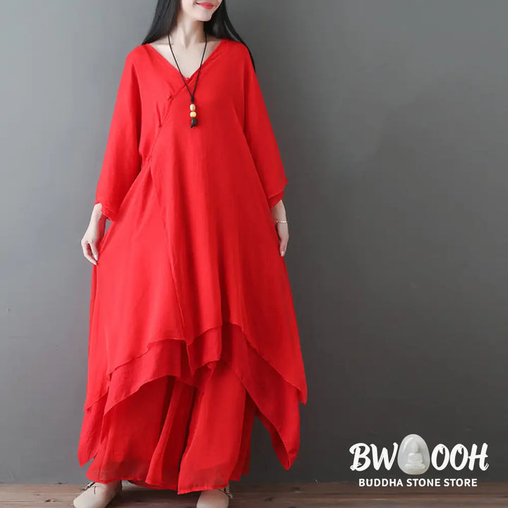 Buddha Stones V-Neck Midi Tunic Dress Wide Leg Pants Meditation Zen Practice Dance Clothing - Women’s Meditation Cloth
