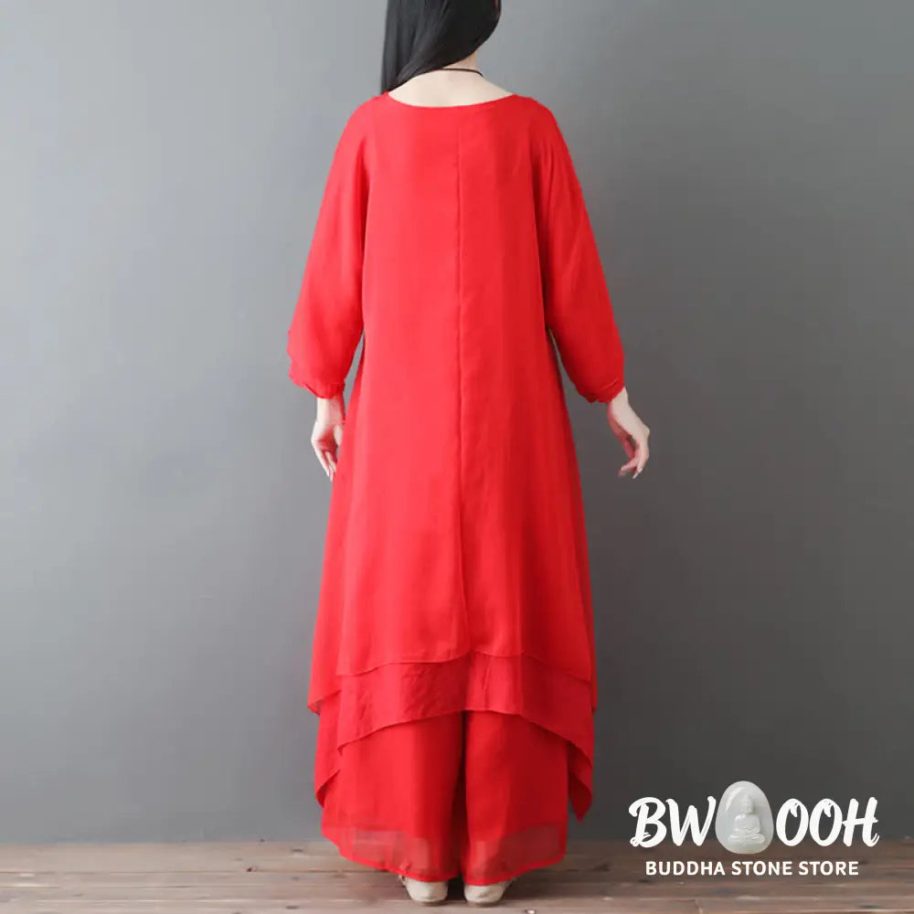 Buddha Stones V-Neck Midi Tunic Dress Wide Leg Pants Meditation Zen Practice Dance Clothing - Women’s Meditation Cloth