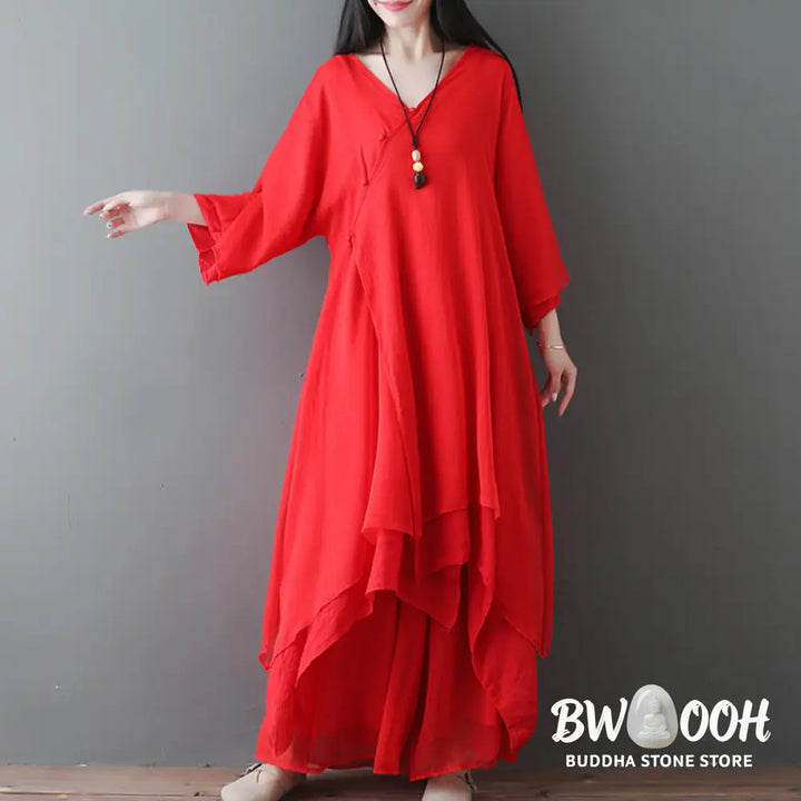 Buddha Stones V-Neck Midi Tunic Dress Wide Leg Pants Meditation Zen Practice Dance Clothing - Women’s Meditation Cloth