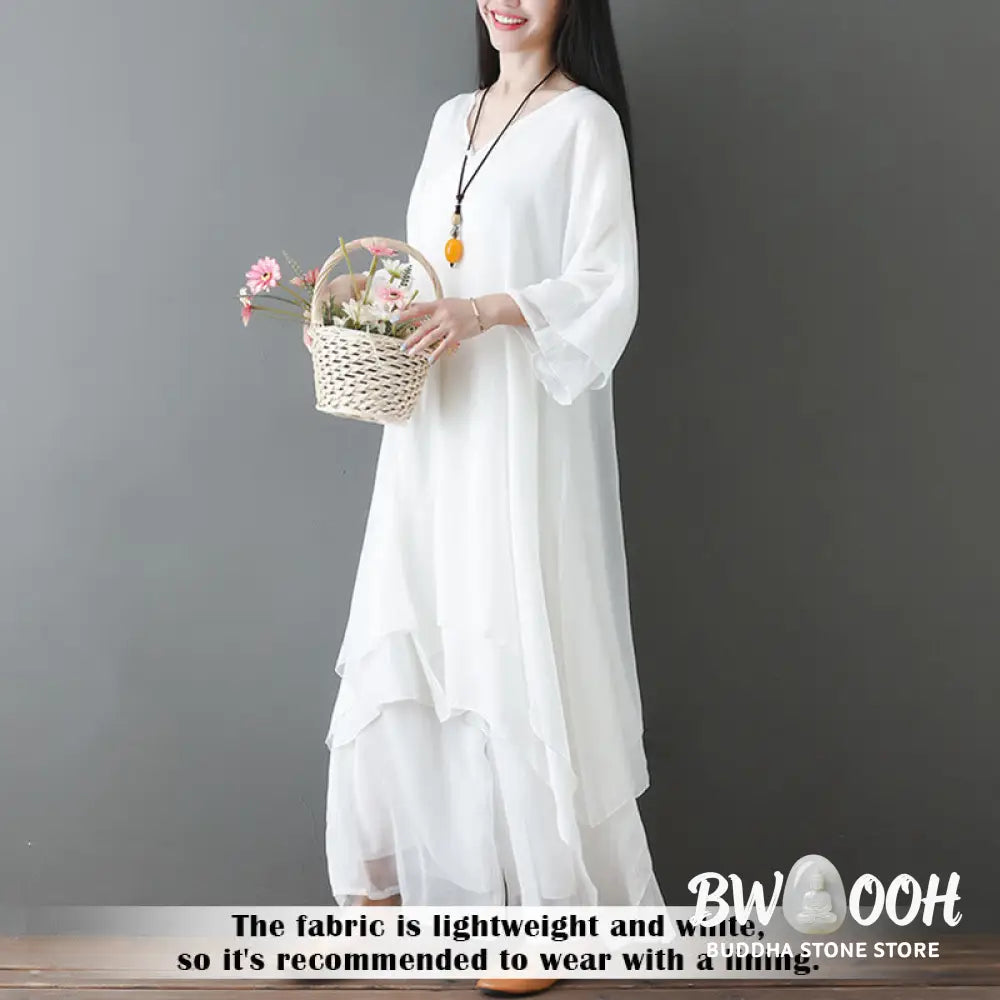 Buddha Stones V-Neck Midi Tunic Dress Wide Leg Pants Meditation Zen Practice Dance Clothing - Women’s Meditation Cloth