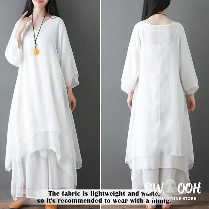 Buddha Stones V-Neck Midi Tunic Dress Wide Leg Pants Meditation Zen Practice Dance Clothing - Women’s Meditation Cloth