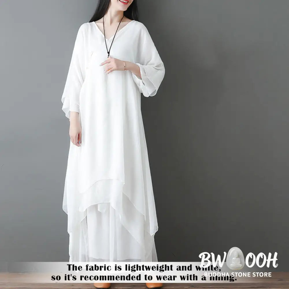 Buddha Stones V-Neck Midi Tunic Dress Wide Leg Pants Meditation Zen Practice Dance Clothing - Women’s Meditation Cloth