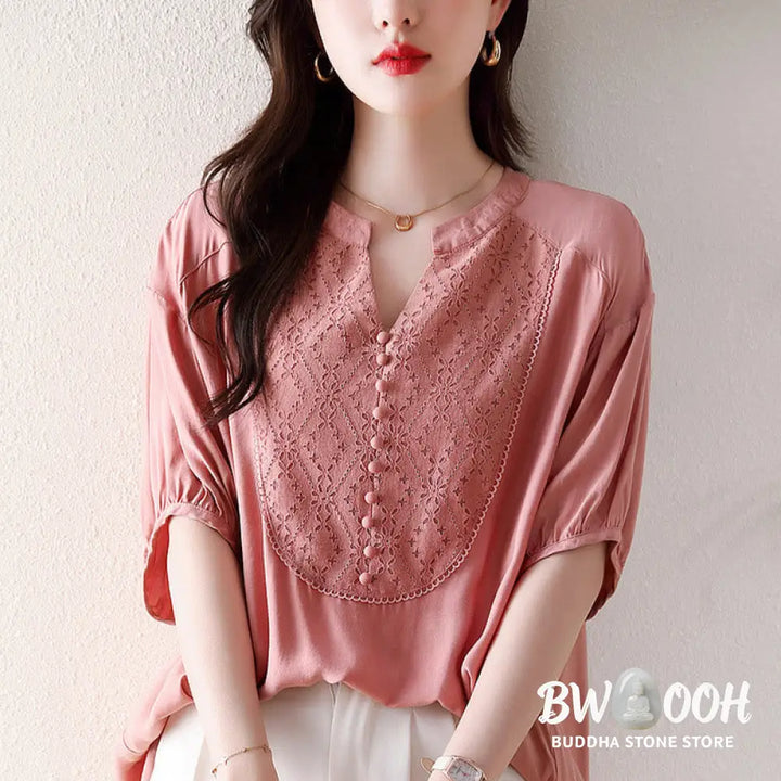 Buddha Stones V-Neck Pink Buttons Design Half Sleeve T-shirt Tee - Women’s T-Shirts