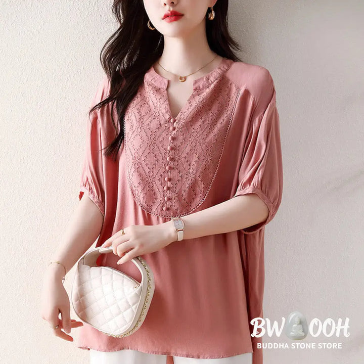 Buddha Stones V-Neck Pink Buttons Design Half Sleeve T-shirt Tee - Women’s T-Shirts