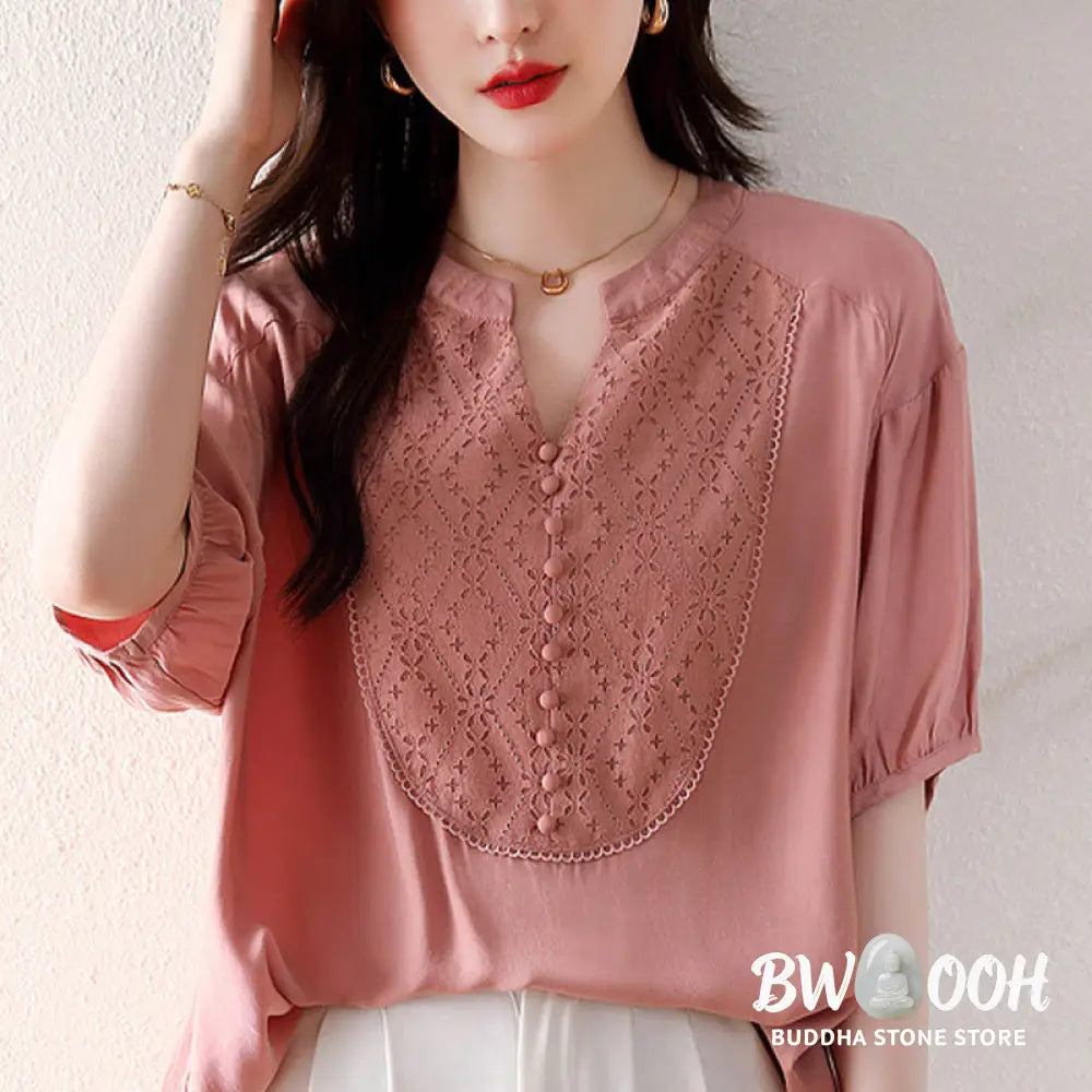 Buddha Stones V-Neck Pink Buttons Design Half Sleeve T-shirt Tee - Women’s T-Shirts