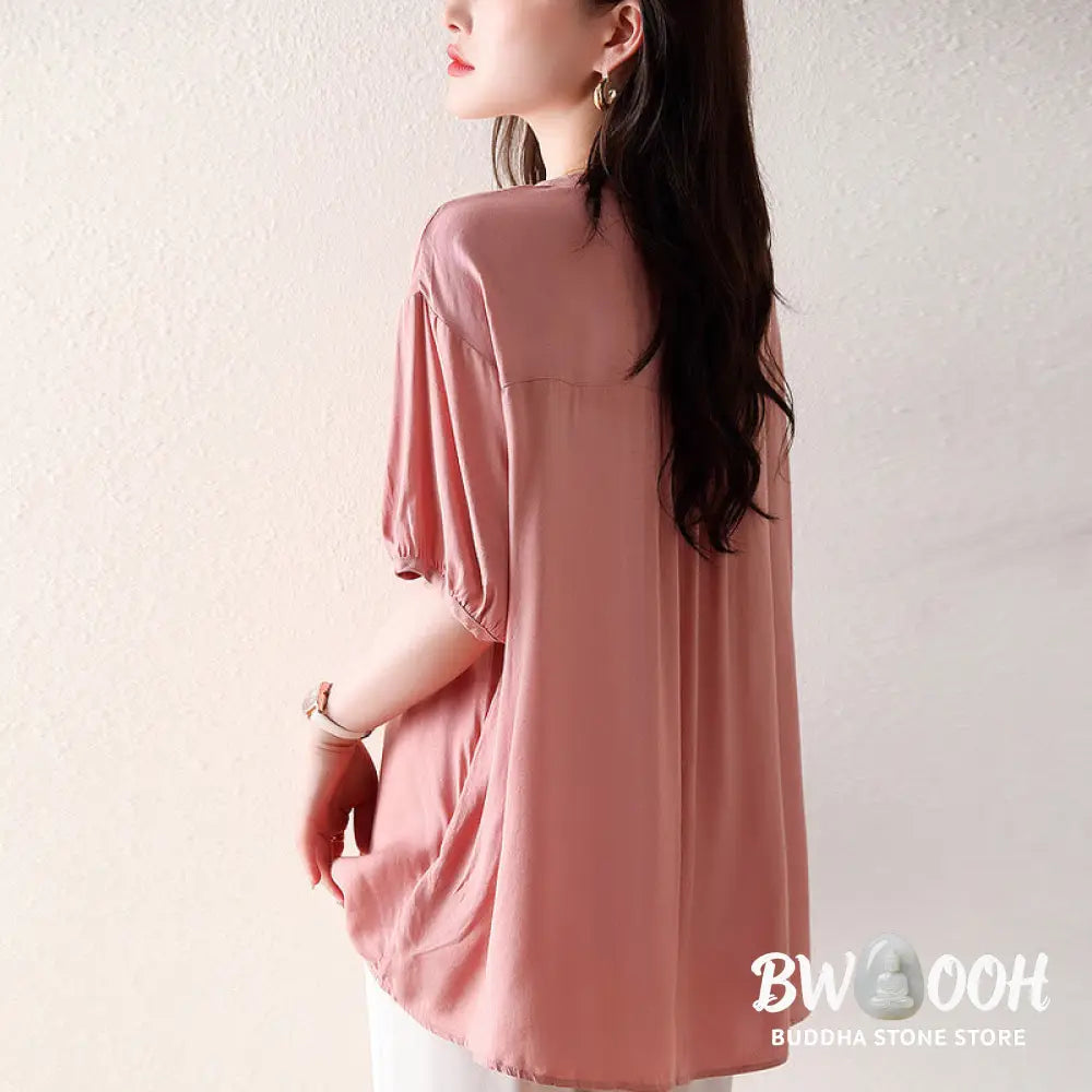 Buddha Stones V-Neck Pink Buttons Design Half Sleeve T-shirt Tee - Women’s T-Shirts