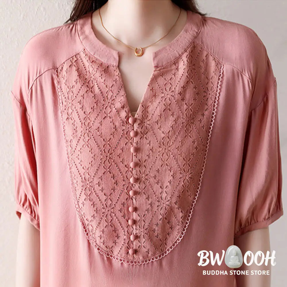 Buddha Stones V-Neck Pink Buttons Design Half Sleeve T-shirt Tee - Women’s T-Shirts