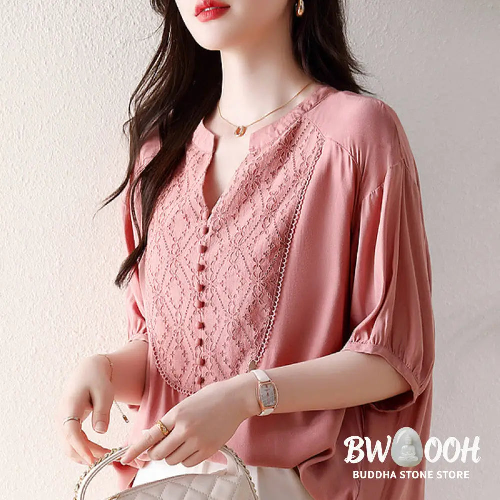 Buddha Stones V-Neck Pink Buttons Design Half Sleeve T-shirt Tee - Women’s T-Shirts