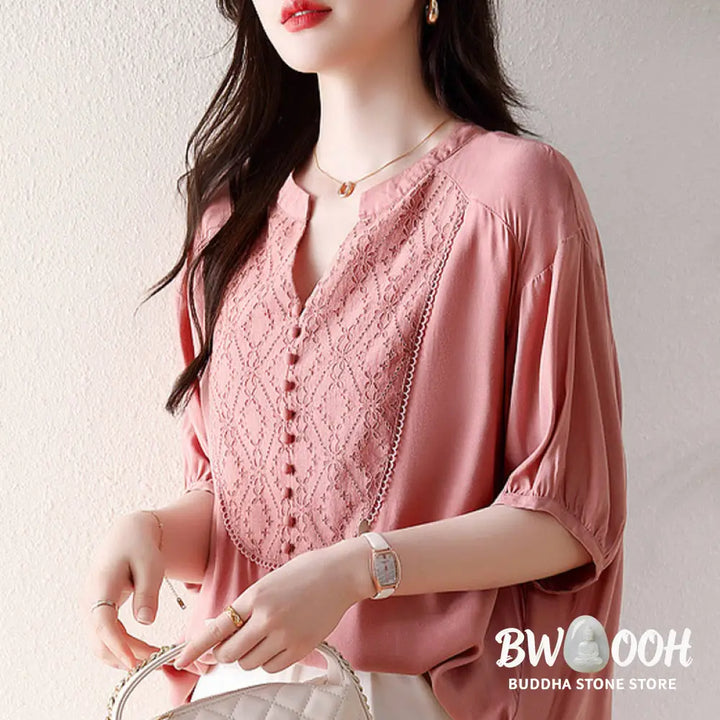 Buddha Stones V-Neck Pink Buttons Design Half Sleeve T-shirt Tee - Women’s T-Shirts