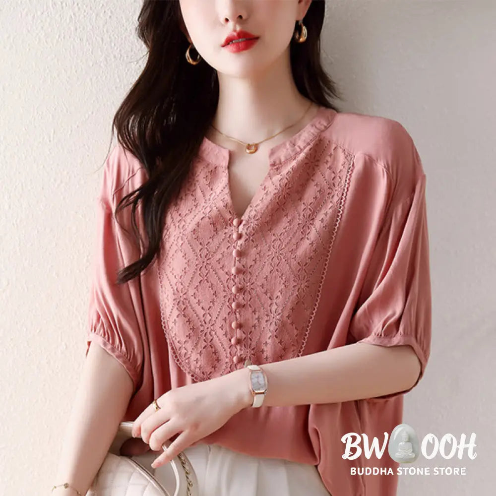 Buddha Stones V-Neck Pink Buttons Design Half Sleeve T-shirt Tee - Women’s T-Shirts