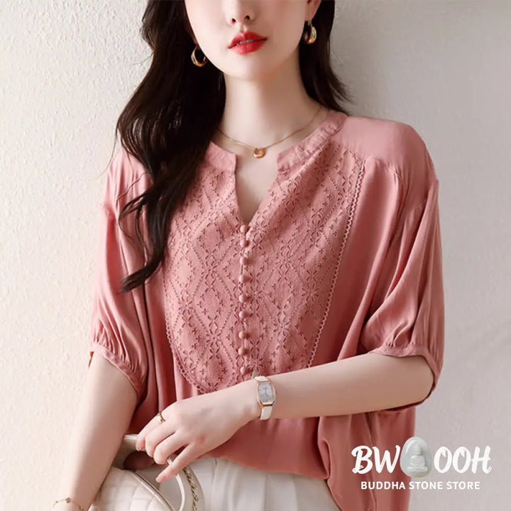 Buddha Stones V-Neck Pink Buttons Design Half Sleeve T-shirt Tee - Women’s T-Shirts