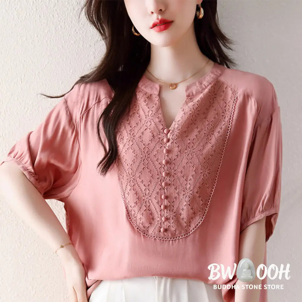 Buddha Stones V-Neck Pink Buttons Design Half Sleeve T-shirt Tee - Women’s T-Shirts