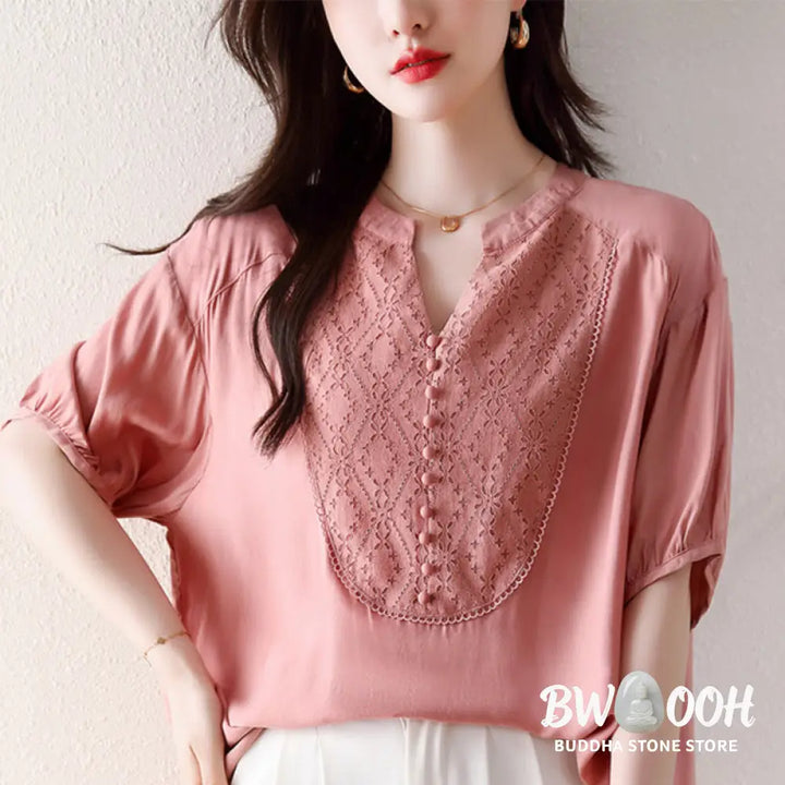 Buddha Stones V-Neck Pink Buttons Design Half Sleeve T-shirt Tee - Women’s T-Shirts