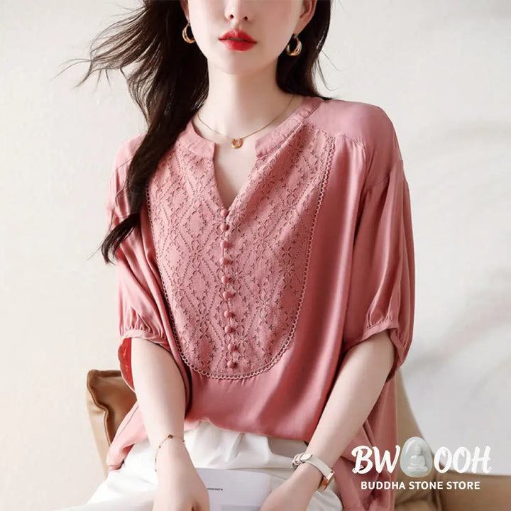 Buddha Stones V-Neck Pink Buttons Design Half Sleeve T-shirt Tee - Women’s T-Shirts