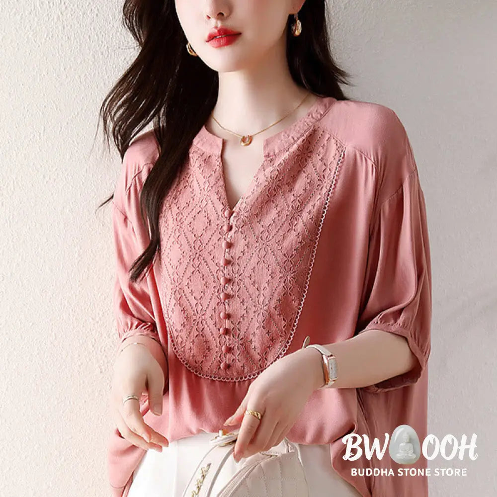 Buddha Stones V-Neck Pink Buttons Design Half Sleeve T-shirt Tee - Women’s T-Shirts