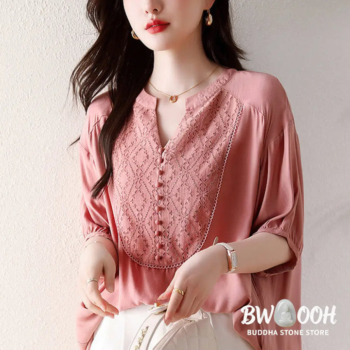Buddha Stones V-Neck Pink Buttons Design Half Sleeve T-shirt Tee - Women’s T-Shirts