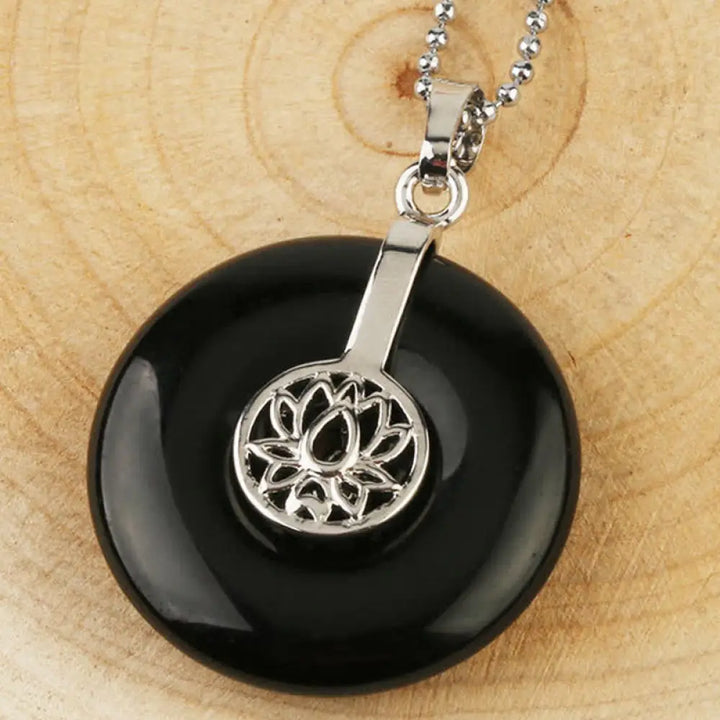Buddha Stones Various Crystal Amethyst Pink Crystal Lotus Healing Necklace Pendant - BWOOOH - Black Onyx - Necklaces &amp;