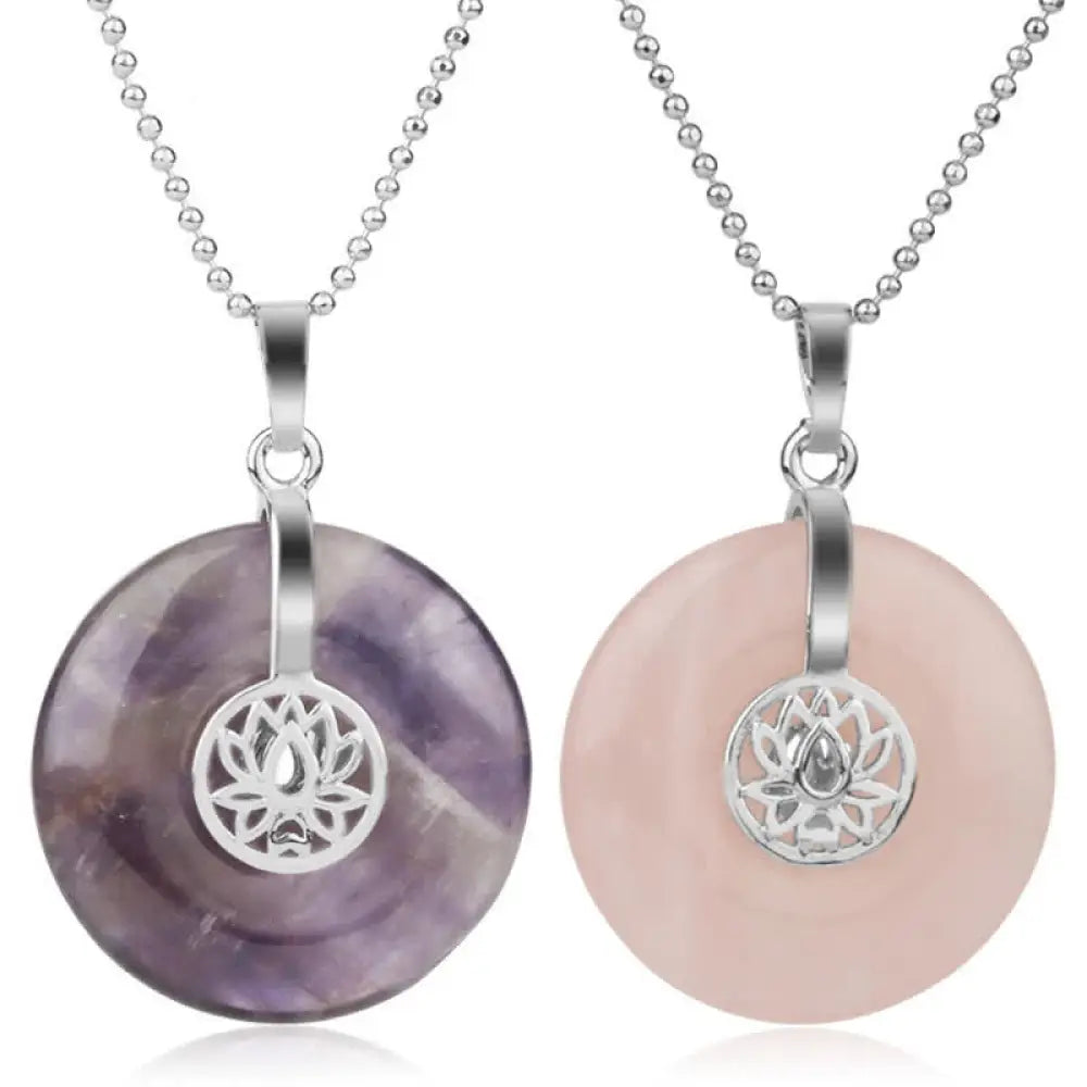 BWOOOH Various Crystal Amethyst Pink Crystal Lotus Healing Necklace Pendant — eight-crystal lotus pendant with amethyst, rose quartz, tiger eye for chakra healing