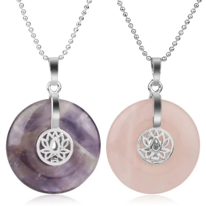 BWOOOH Various Crystal Amethyst Pink Crystal Lotus Healing Necklace Pendant — eight-crystal lotus pendant with amethyst, rose quartz, tiger eye for chakra healing