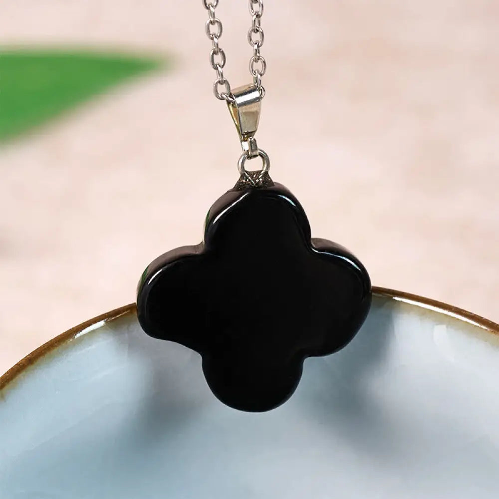 Buddha Stones Various Crystal Green Aventurine Black Obsidian Tiger Eye Plum Blossom Luck Necklace Pendant - Black