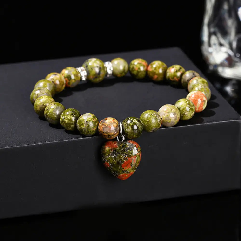 Buddha Stones Various Crystal Green Aventurine Love Heart Balance Bracelet - Unakite(Wrist Circumference: 14-16cm)