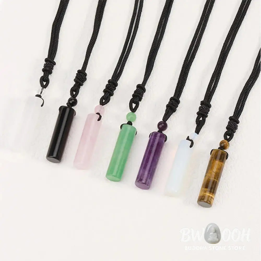Buddha Stones Various Crystal Rose Quartz Green Aventurine Amethyst Cylinder Healing Necklace Pendant - BWOOOH