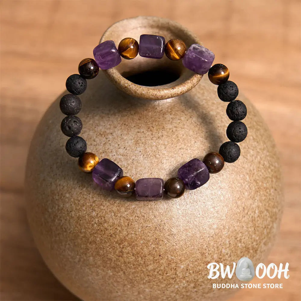 Buddha Stones Various Crystals Cube Amethyst Lava Rock Support Bracelet - BWOOOH - Bracelet
